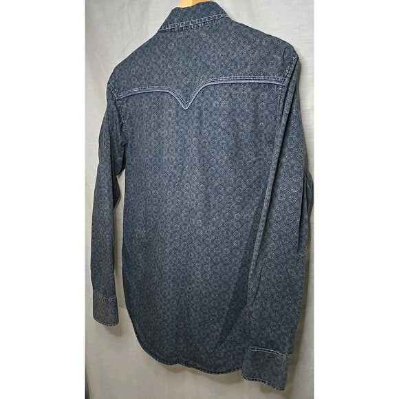 Rock & Roll Cowboy Western Shirt, Pearl Snap, Sz Large, Geometric Denim Blue - Picture 6 of 9
